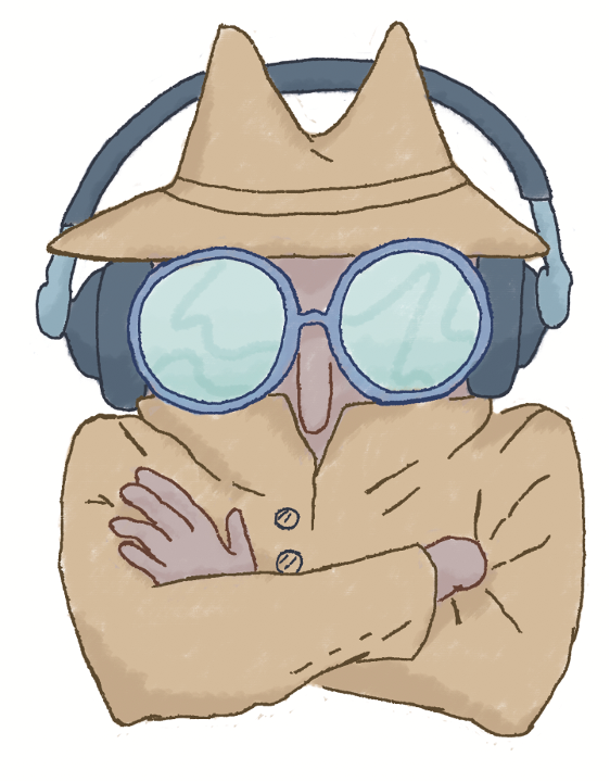 cartoon of a person wearing a raincoat, sunglaases, hat, and headphones with arms crossed