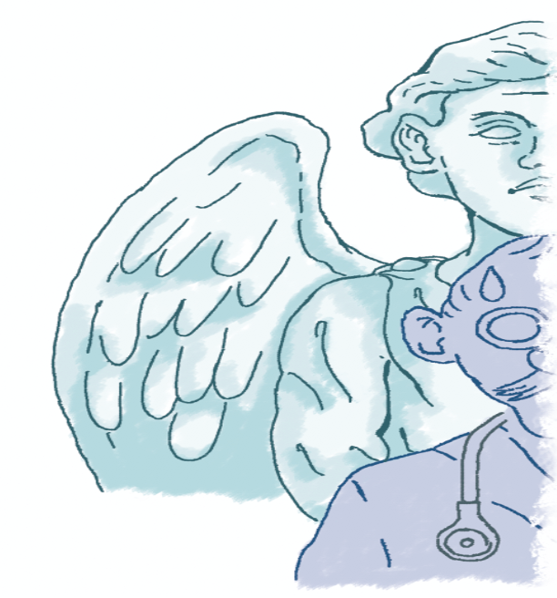 cartoon of a man with stethoscope around his neck with an angel figure standing close behind him