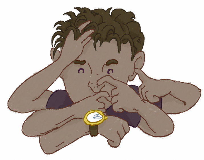cartoon of a person with 5 arms, touching head, nose and ears and wearing a watch