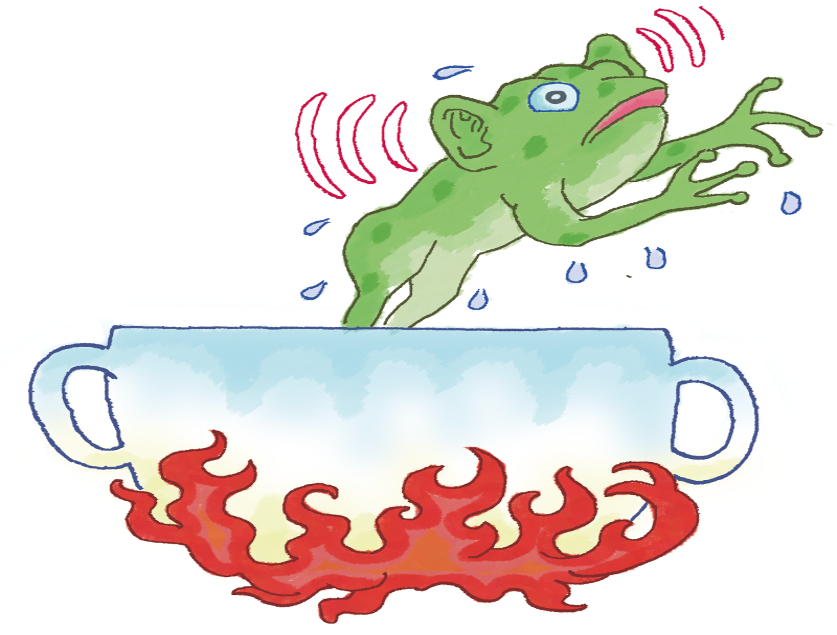 cartoon of a pot over a fire with a frog jumping out of it 