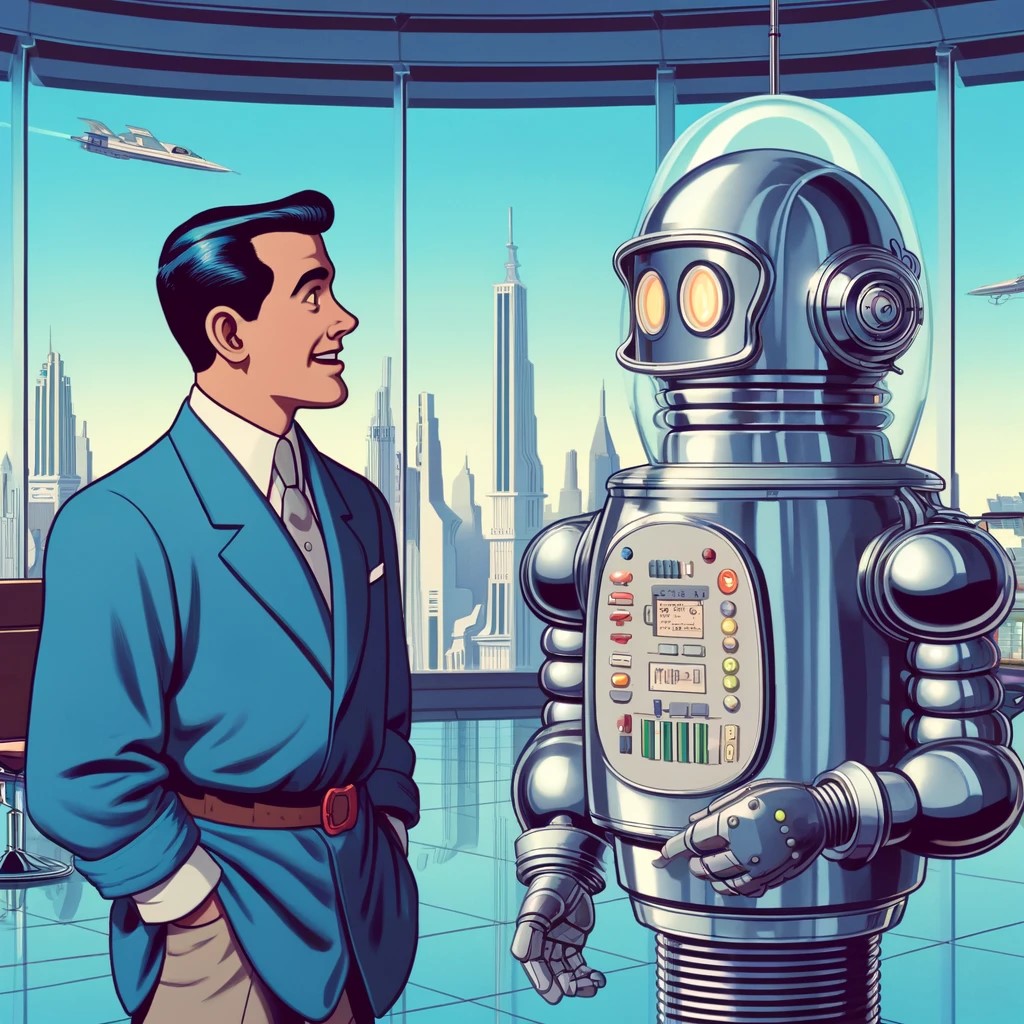 An AI cartoon of a man in a business suit talking to a robot.