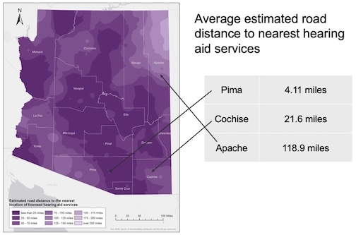 Estimated road distance to nearest hearing aid services.