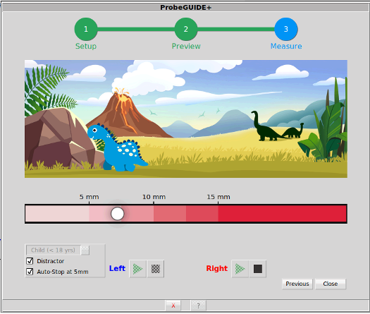 The ProbeGUIDE+ interface showing a horizontal ear canal graphic with depth markers and a three-step workflow: Setup, Preview, and Measure.