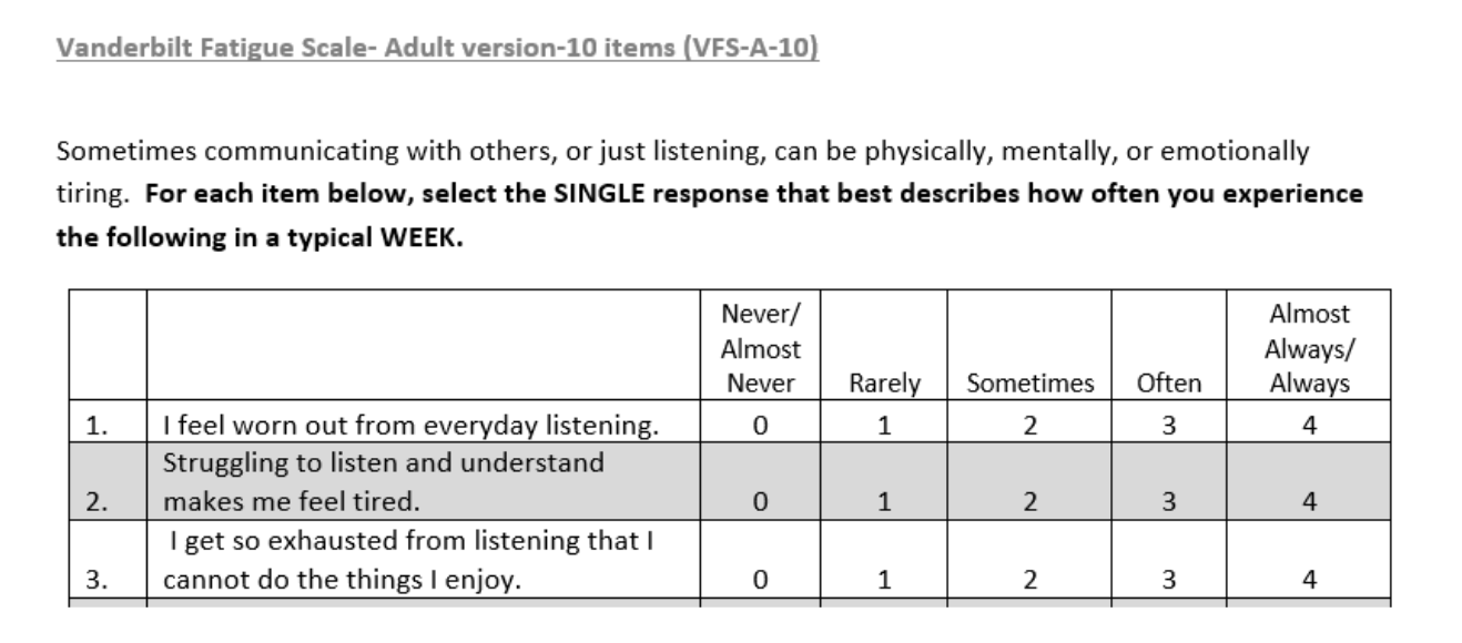 Instructions, example items, and response options for the VFS-A-10.